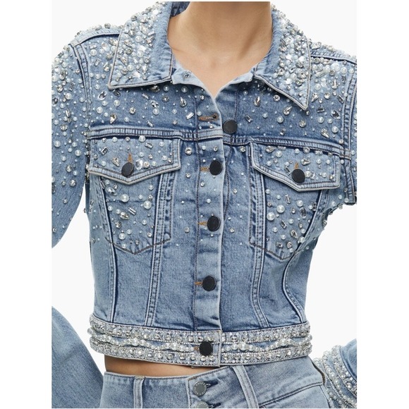 Alice + & Olivia Nelson Crystal Embellished Cropped Denim Jean Jacket Small Blue - Picture 5 of 11